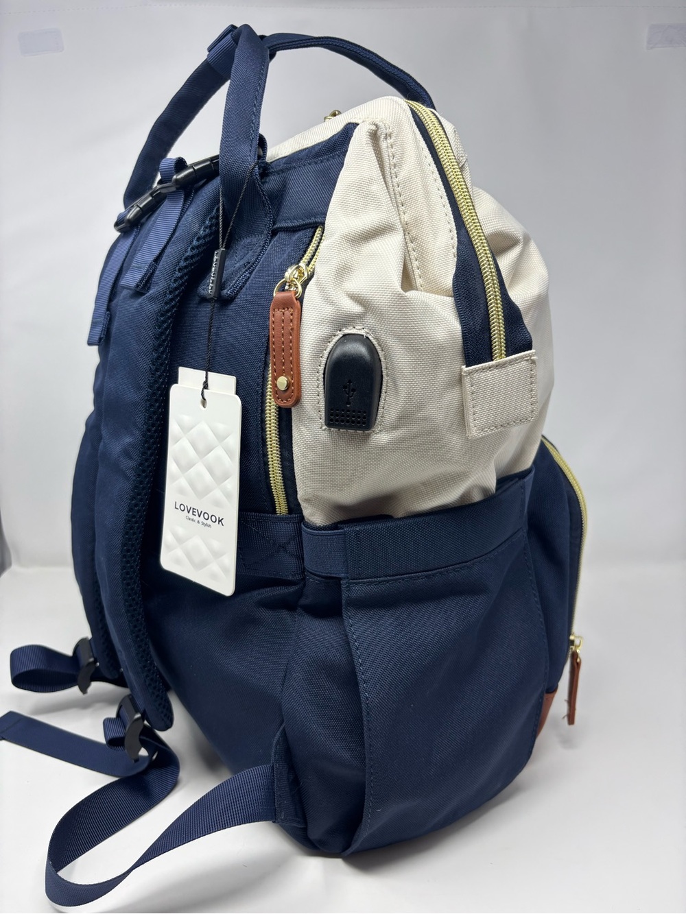 Lovevook Backpack Purse Diaper Bag School Navy Blue Cream USB Port Laptop Sleeve